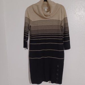 Dress Barn Cowl Neck Bodycon Sweater Dress Tan and Black Stripes Women's Large